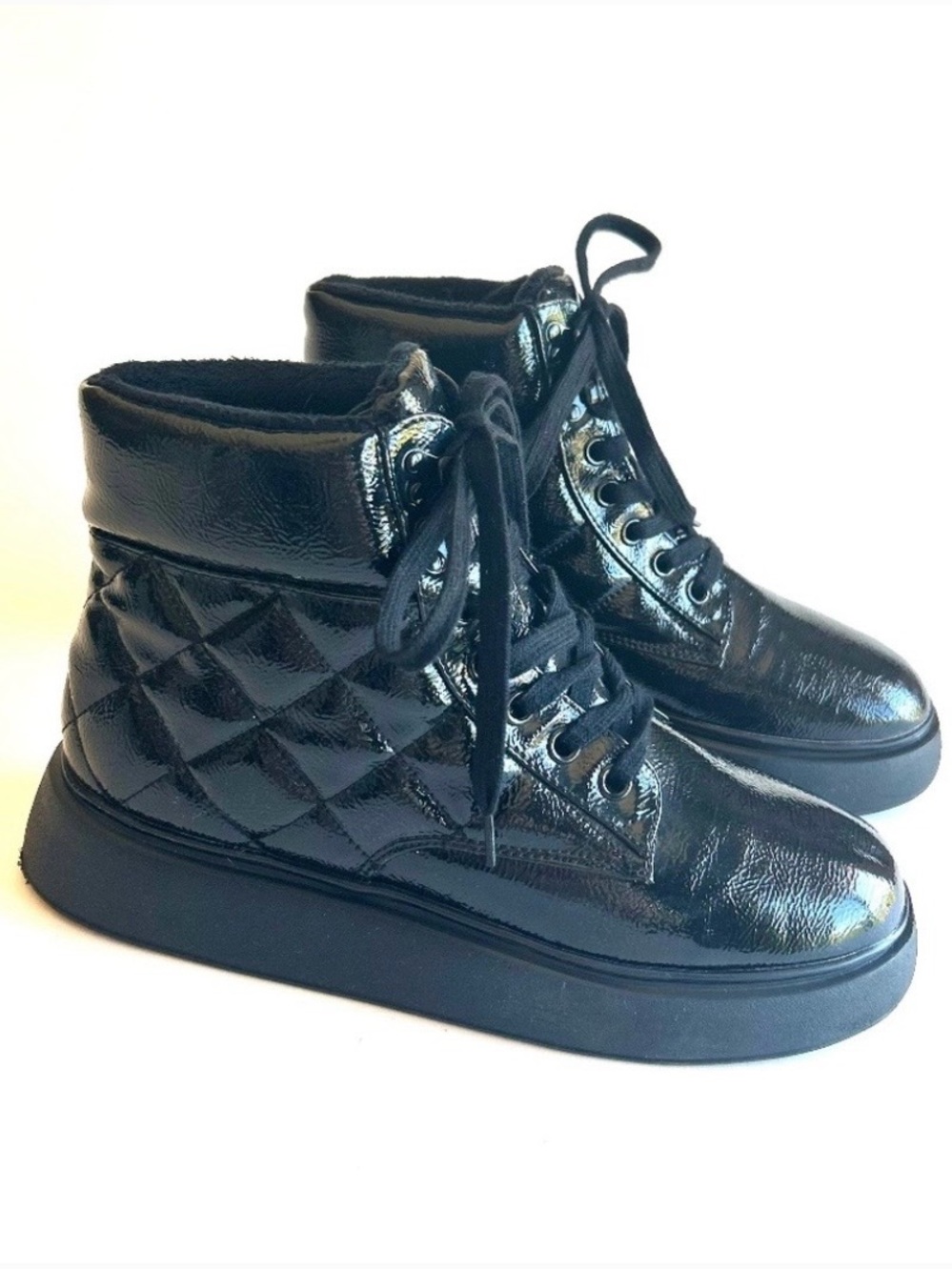 H&M Black Patent Leather Quilted Combat Boots size EUR 41, US 10.5.